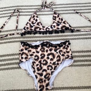 Leopard Pom Pom High waist bikini